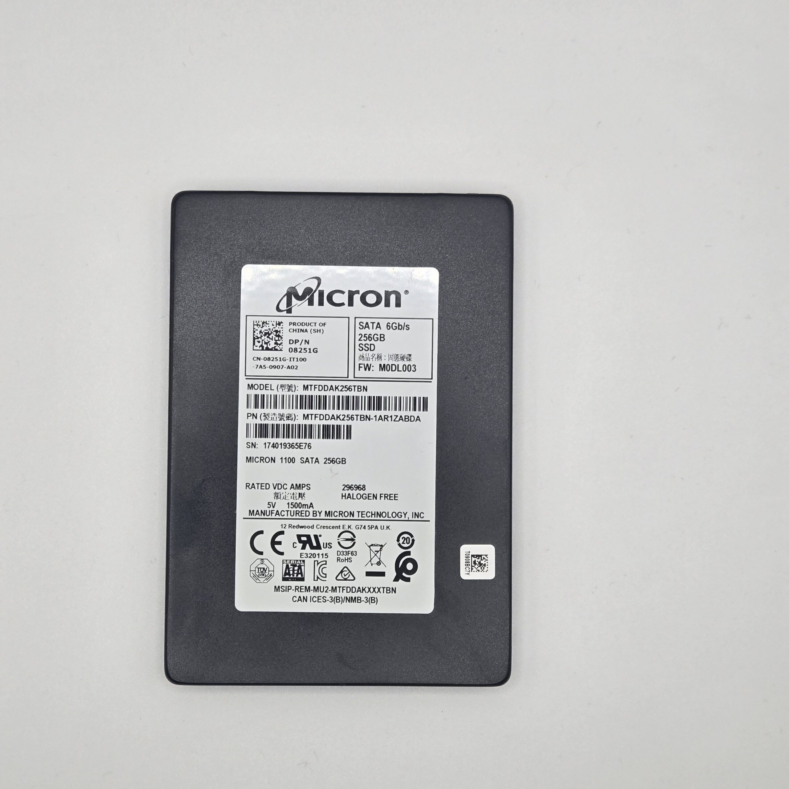 Micron 256GB 2.5" SATA SSD MTFDDAK256TBN Tested Good Health Low Hours